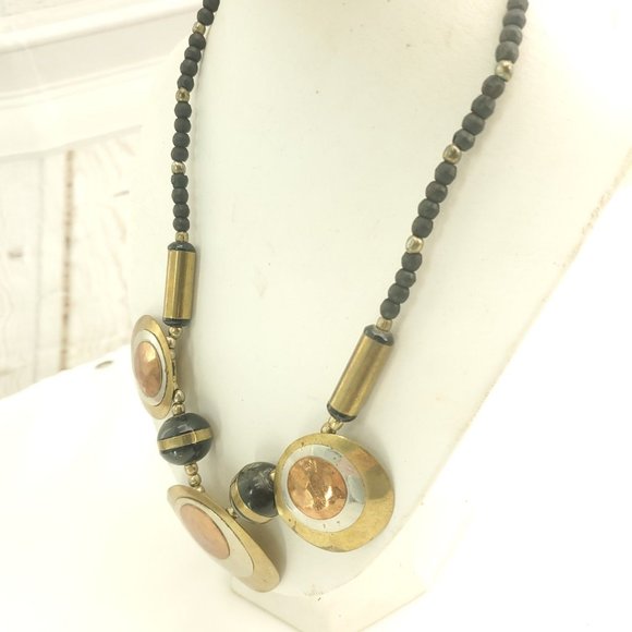 Womens Black Beads Hammered Circular Discs Bronze Metal Statement Necklace - Picture 8 of 14